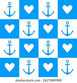 Marine checkered seamless pattern with an anchor and hearts. Seamless texture for print, textile, fabric