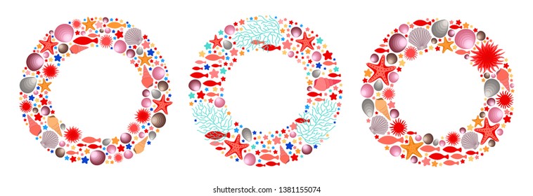 Marine circle frames set. Decorative round borders. Sea life objects. Ocean flora. Aquatic underwater animals. Clam shells. Seaweeds and corals. Sea anemone and star fish. For surface print design.