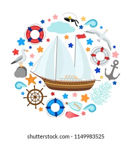 Marine circle ornament, many nautical objects, sailing boat in center, seagull, life buoy, steering wheel, anchor, Neptune`s sheep, message in bottle, etc, for card, poster, surface, textile print.