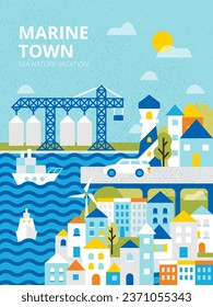 Marine City Landscape Poster. Vector Illustration of Ukraine City. Waves Water and Buildings.