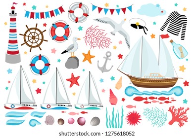 Marine clip art collection big set of design elements, ship, yacht, light house, anchor, shell, seagull, seaweed, message in bottle, nautical pennants, sailors cap, striped shirt, isolated on white.