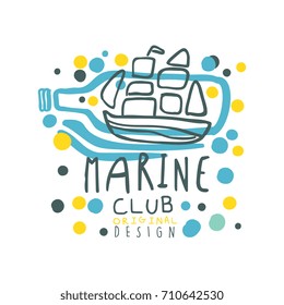 Marine club logo design, summer travel and sport hand drawn colorful vector Illustration