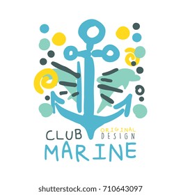 Marine club original logo design, summer travel and sport hand drawn colorful vector Illustration