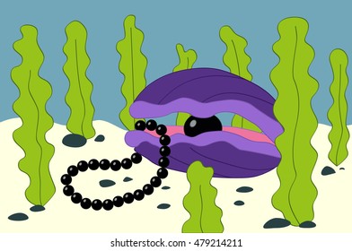 Marine cockleshell with a pearl and necklace on a sea-bottom. Vector illustration