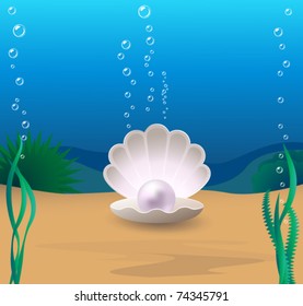 Marine cockleshell with a pearl on a sea-bottom