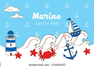Marine collage with a lighthouse, anchor, ship, crab, starfish, waves and clouds, hand-drawn.