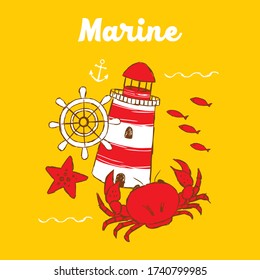 Marine collage with lighthouse, helm, crab, fish, starfish, waves and anchor, hand-drawn.