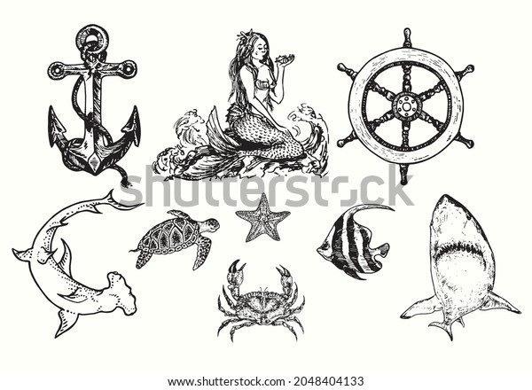 Marine collection,  anchor, mermaid, Ship`s wheel,\
Hummerhead shark, Sea turtle Chelonioidea, sea star, crab, \
schooling bannerfish, white shark. Ink black and white doodle\
drawing in woodcut \
style