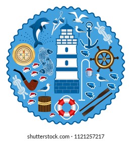 Marine collection in the form of a circle. Set of vector symbols: compass, life ring, anchor, lighthouse, gull, oars, floats, fish. Isolated on a blue background, vector illustration.