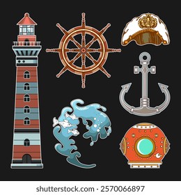 Marine collection including six objects - lighthouse, steering wheel, wave, captain's cap, anchor, diving helmet. Vector set