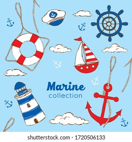 Marine collection: lifebuoy, sailor's cap, steering wheel, ship, lighthouse, anchor, clouds; hand-drawn.