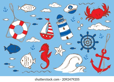 Marine collection with ship, anchor, lifebuoy, lighthouse, steering wheel, sailor's hat, fish, seahorse, crab, starfish, waves and clouds, hand-drawn.	
