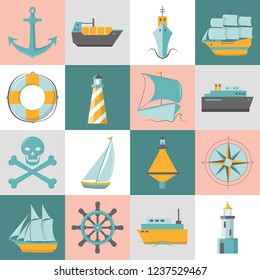 Marine collection of ship icons in flat style