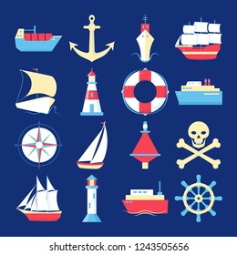 Marine collection of ship icons in flat style