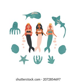 Marine collection. Three mermaids with different colored hair and sea animals. Cute vector illustration 