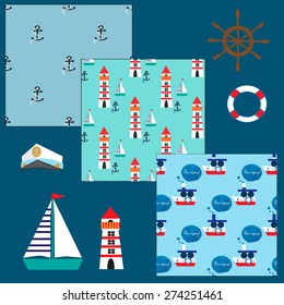 Marine collection with three seamless pattern and few elements for design