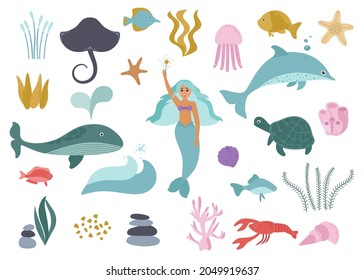 Marine collection. Underwater world of cute inhabitants, mermaid, dolphin, whale, turtle, jellyfish, corals, algae stones, sand, shells, starfish, stingray, crayfish. Vector illustration, isolated