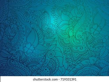 Marine color horizontal background with light floral zentangle pattern.