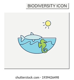 Marine color icon. Made up of the saltwater oceans. Living place for shark, seahorse etc. Underwater world. Seascape. Biodiversity concept. Isolated vector illustration