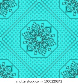 marine color seamless geometric pattern with floral mandala. vector illustration. for print, fashion design