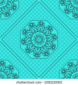 marine color seamless geometric pattern with floral mandala. vector illustration. for print, fashion design