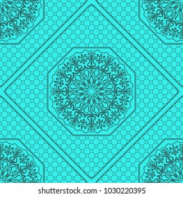 marine color seamless geometric pattern with floral mandala. vector illustration. for print, fashion design