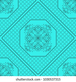 marine color seamless geometric pattern with floral mandala. vector illustration. for print, fashion design
