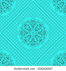 marine color seamless geometric pattern with floral mandala. vector illustration. for print, fashion design