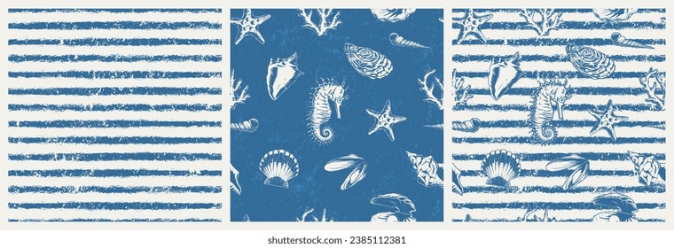 Marine colorful set pattern seamless with ocean animals and lines similar to surface of water in sea vector illustration