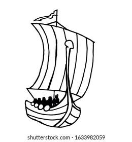 Marine coloring book, antistress. Ships, Vikings. Coloring pages for children and adults. Black and white drawing with an example of color.