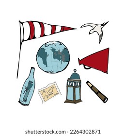 Marine coloring doodle with different nautical elements. Travel, marine and ocean.