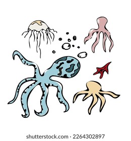 Marine coloring doodle with different nautical elements. Underwater animals vector