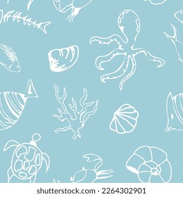 Marine coloring doodle with different nautical elements. Vector nautical seamless pattern with sea elements. for wallpapers, prints, textiles, fabric, backgrounds. Underwater animals vector