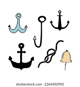 Marine coloring doodle with different nautical elements, node of rope and anchors illustration.