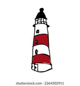 Marine coloring doodle with different nautical elements. Lighthouse