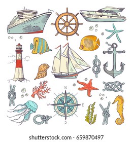 Marine coloring doodle set with different nautical elements, compass and lighthouse. Underwater animals vector set. Nautical sailboat and node of rope illustration