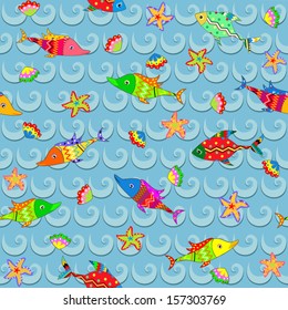 Marine coloured pattern with fish, seastar and shell