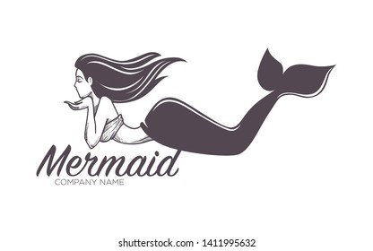 Marine company name mermaid swimming in sea girl in bra with fishtail isolated monochrome female character nautical firm fantastic creature siren symbol or corporate identity business emblem or logo