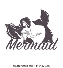 Marine company name mermaid swimming in sea girl in bra with fishtail isolated monochrome female character nautical firm fantastic creature siren symbol, or corporate identity business emblem or logo