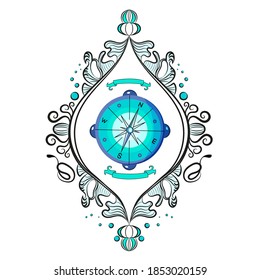 Marine compass. In frame. Victorian era, beautiful frame. Blue and light blue. Isolated white background.