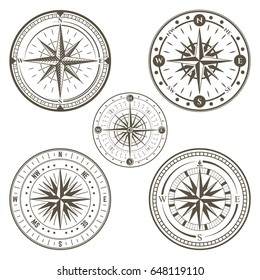 Marine compass line art set, vintage and antique nautical collection, professional and decoration. Vector flat style illustration isolated on white background