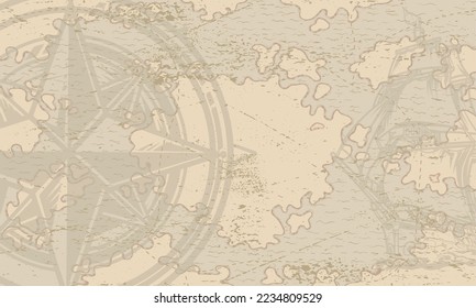 Marine compass monochrome poster vintage map of islands of ocean and medieval device compass rose for navigation vector illustration