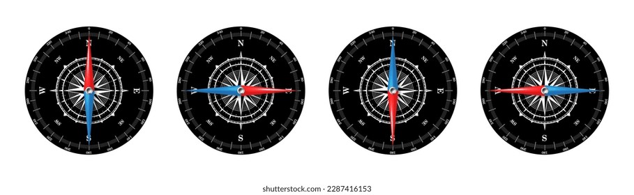 Marine Kompass, nautischer Wind stieg mit Kardinalrichtungen von Nord, Ost, Süd, West und Grad Markierungen. Geografische Position und Ausrichtung, Kartographie und Navigation. Vektorgrafik