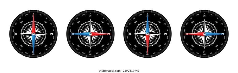 Marine compass, nautical wind rose with cardinal directions of North, East, South, West and degree markings. Geographical position and orientation, cartography and navigation. Vector illustration
