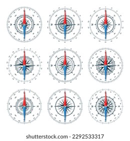 Marine compass, nautical wind rose with cardinal directions of North, East, South, West and degree markings. Geographical position and orientation, cartography and navigation. Vector illustration