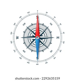 Marine compass, nautical wind rose with cardinal directions of North, East, South, West and degree markings. Geographical position and orientation, cartography and navigation. Vector illustration