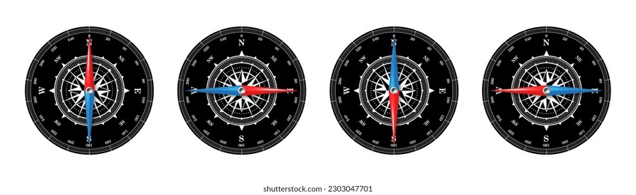 Marine compass, nautical wind rose with cardinal directions of North, East, South, West and degree markings. Geographical position and orientation, cartography and navigation. Vector illustration