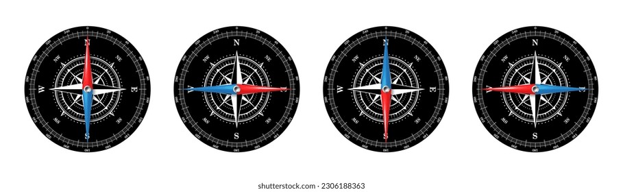 Marine compass, nautical wind rose with cardinal directions of North, East, South, West and degree markings. Geographical position and orientation, cartography and navigation. Vector illustration