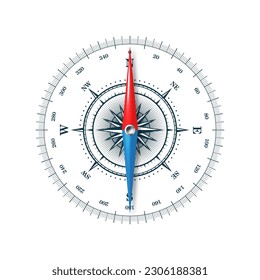 Marine compass, nautical wind rose with cardinal directions of North, East, South, West and degree markings. Geographical position and orientation, cartography and navigation. Vector illustration