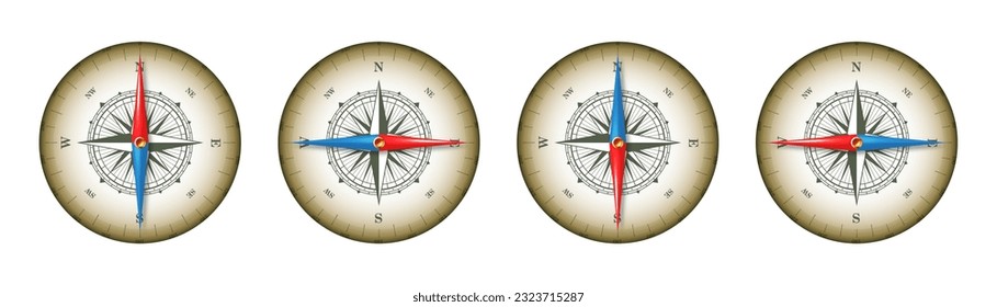 Marine compass, nautical wind rose with cardinal directions of North, East, South, West and degree markings. Geographical position and orientation, cartography and navigation. Vector illustration